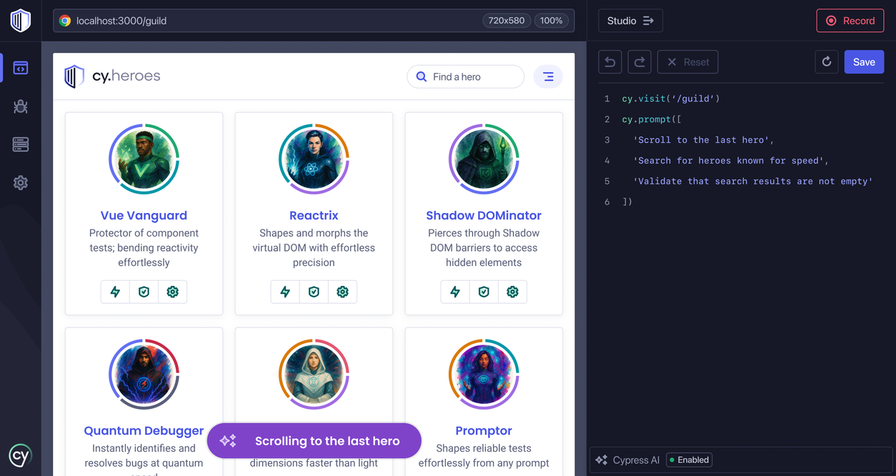 Cypress Studio AI sidebar showing natural language test prompts being converted into executable Cypress commands.